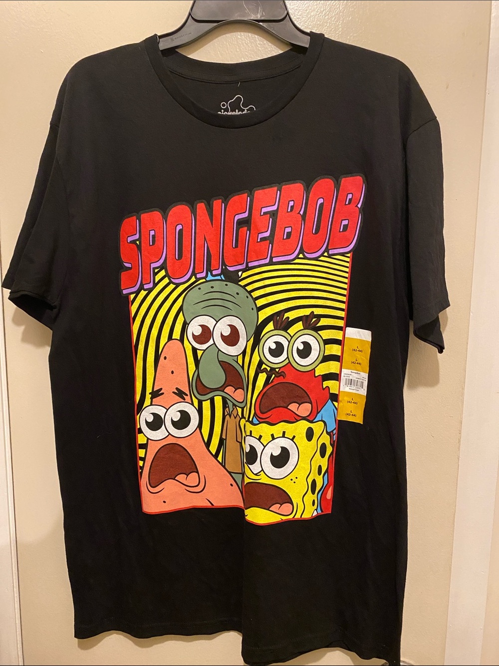 Nickelodeon Black Tee with Red Spongebob Logo Print. Lg